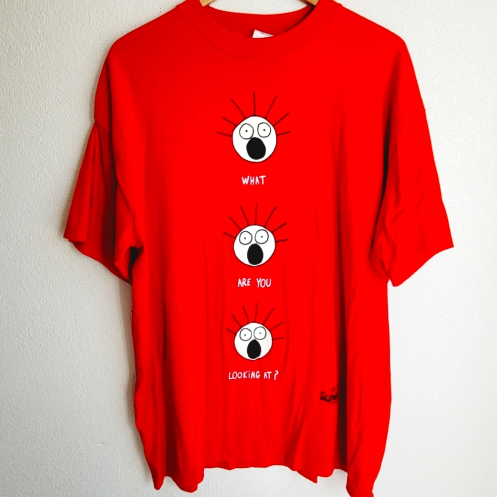VINTAGE 90s SCARED GUY STANLEY DESANTIS K.FREEDMAN T SHIRT XXL.  "WHAT ARE YOU L